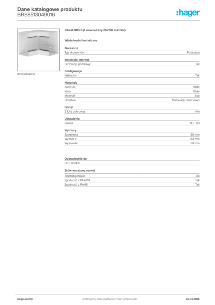 Zdjęcie Hager Dane katalogowe produktu BRS8513049016 | Hager Polska