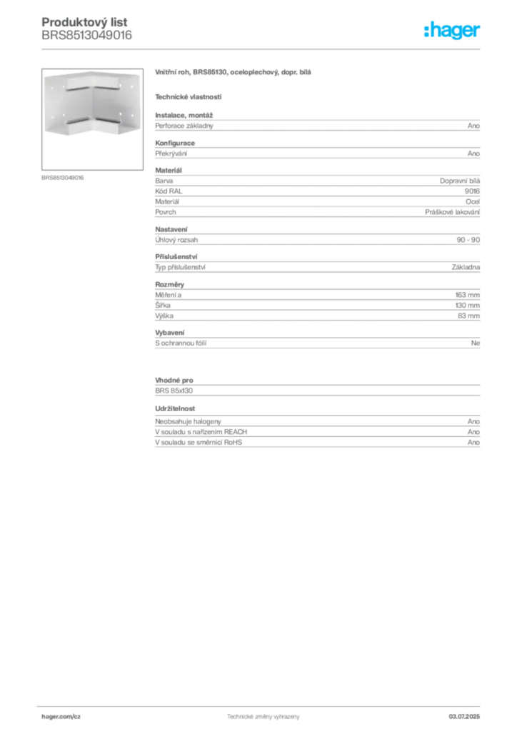 Obrázek Hager Produktový list BRS8513049016 | Hager