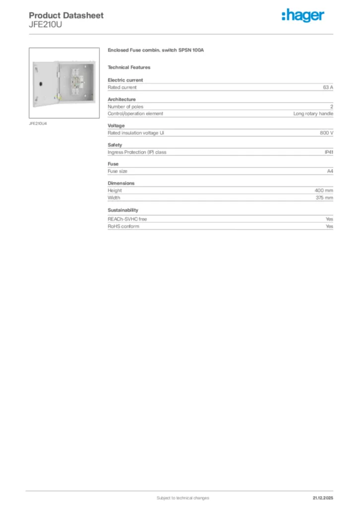 Image Hager Product data sheet JFE210U  | Hager Africa