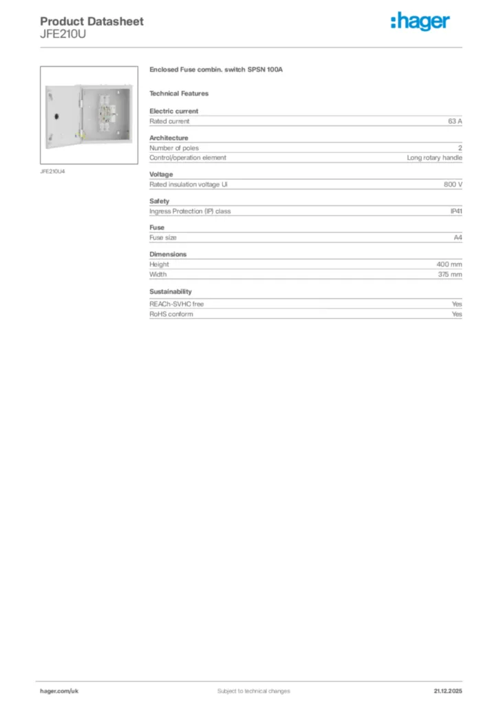 Image Hager Product data sheet JFE210U  | Hager