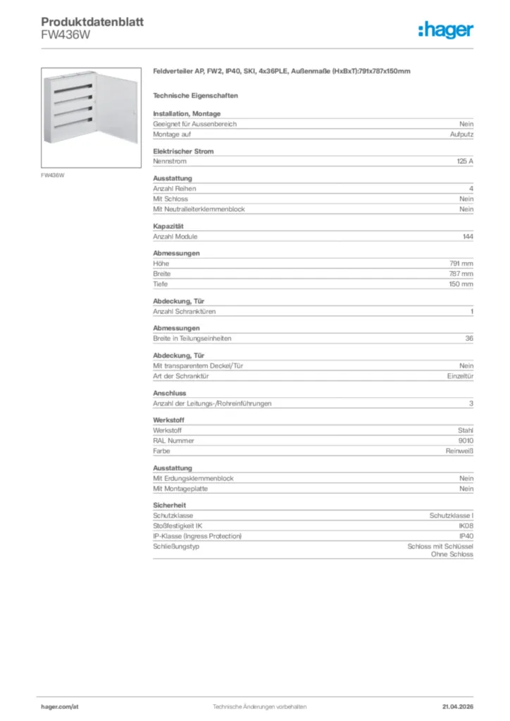Bild Hager Produktdatenblatt FW436W | Hager Deutschland