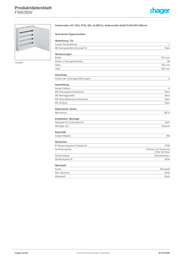 Bild Hager Produktdatenblatt FW436W | Hager Deutschland