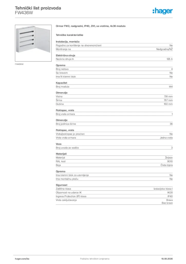 Slika Hager Tehnički list proizvoda FW436W  | Hager