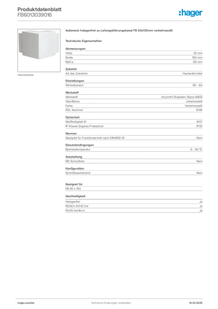 Bild Hager Produktdatenblatt FB6013039016 | Hager Deutschland