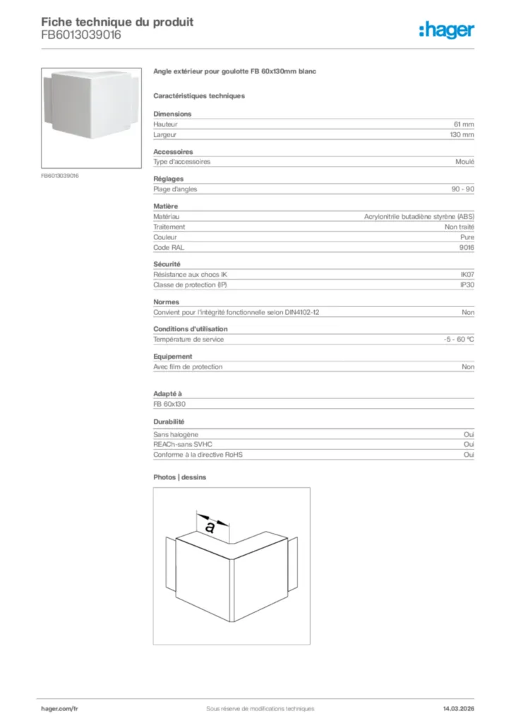 Image Hager Fiche technique du produit FB6013039016 | Hager France