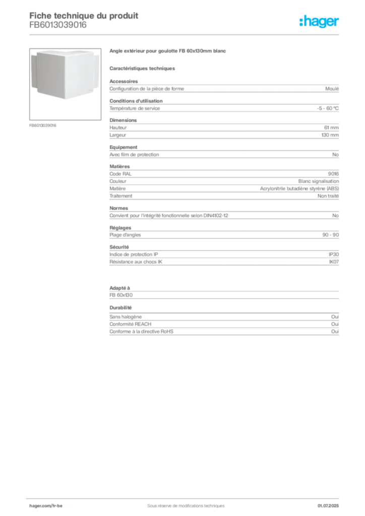 Image Hager Fiche technique du produit FB6013039016 | Hager Belgique