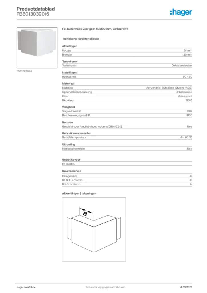 Afbeelding Hager Productdatablad FB6013039016 | Hager Belgium