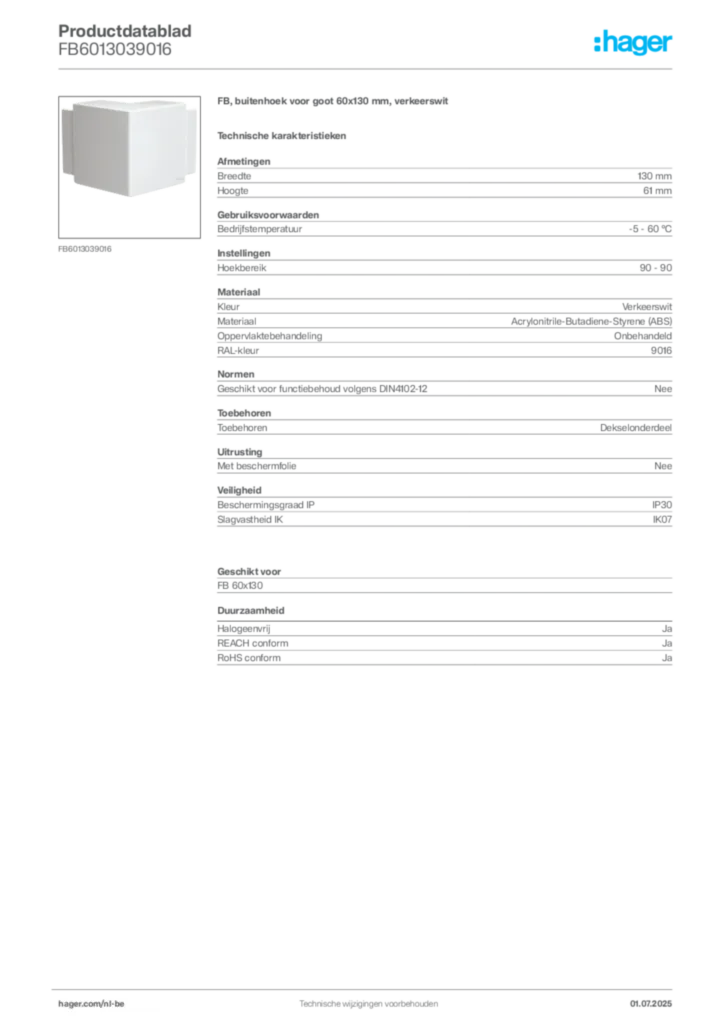 Afbeelding Hager Productdatablad FB6013039016 | Hager Belgium