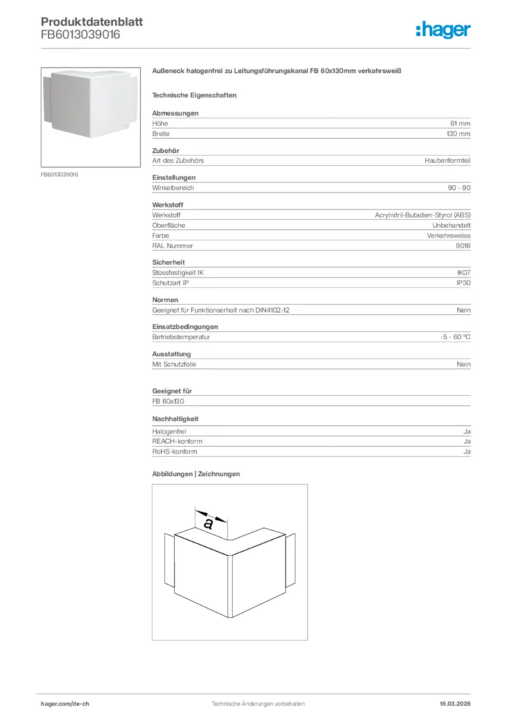 Bild Hager Produktdatenblatt FB6013039016 | Hager Schweiz