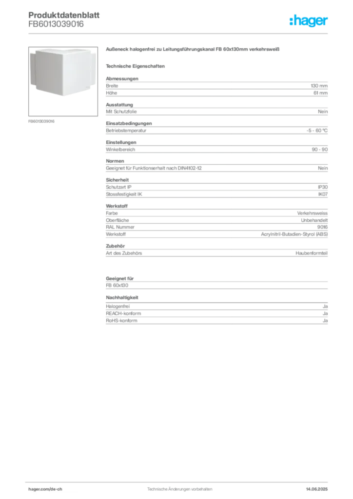 Bild Hager Produktdatenblatt FB6013039016 | Hager Schweiz