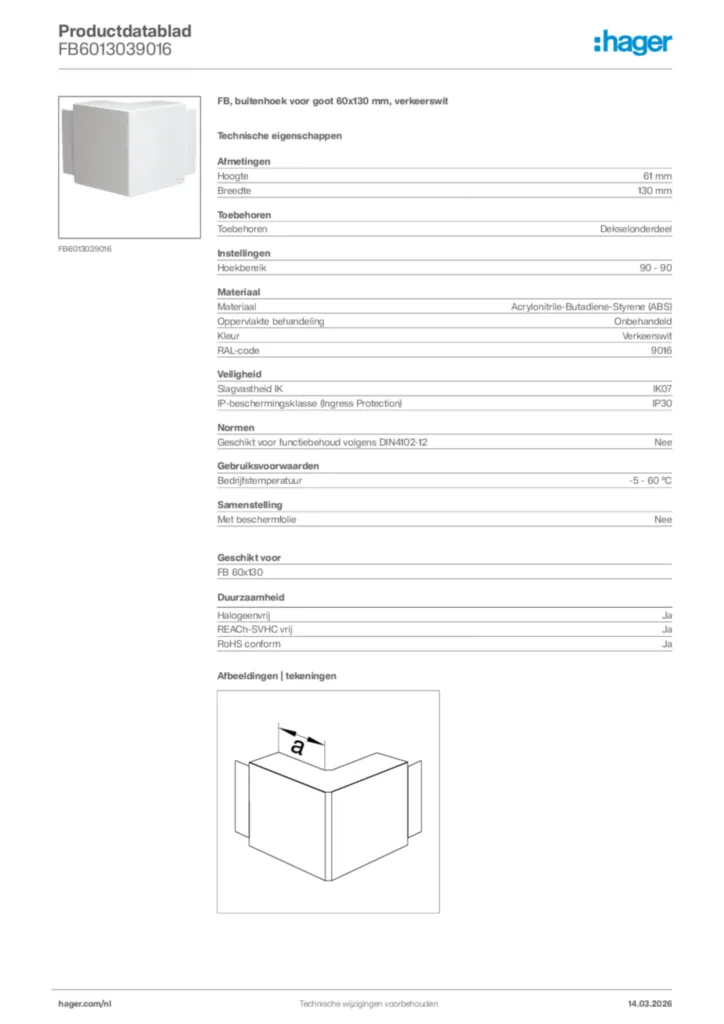 Afbeelding Hager Productdatablad FB6013039016 | Hager Nederland