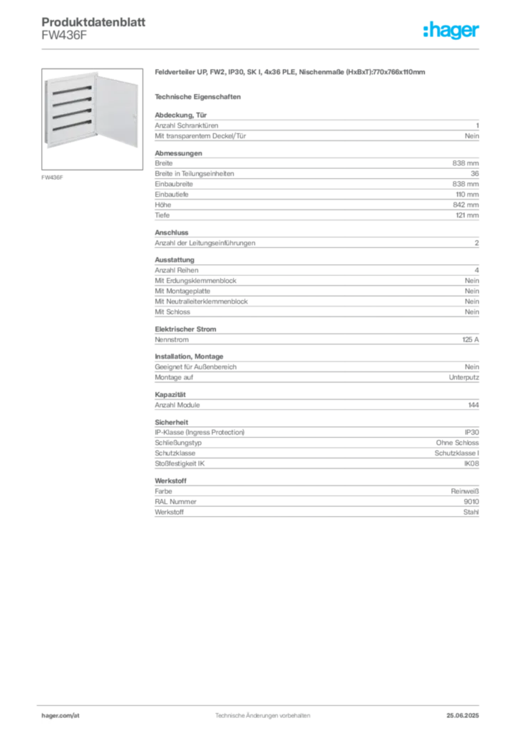 Bild Hager Produktdatenblatt FW436F | Hager Deutschland