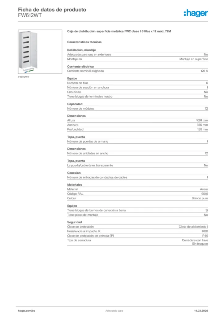 Imagen Hager Ficha de datos de producto FW612WT | Hager España
