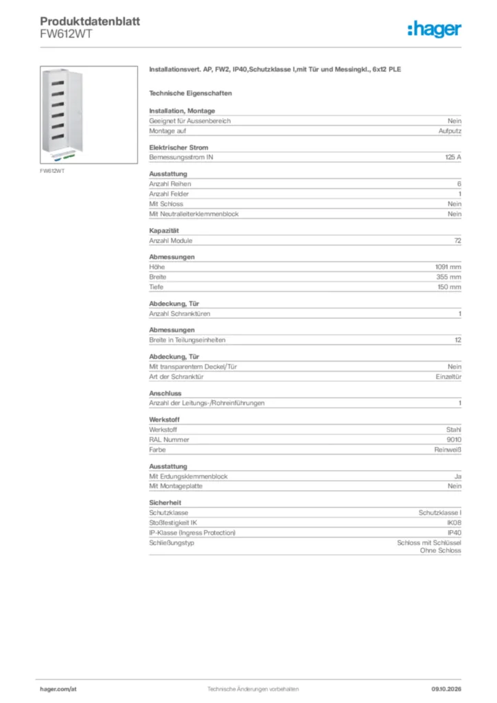 Bild Hager Produktdatenblatt FW612WT | Hager Deutschland
