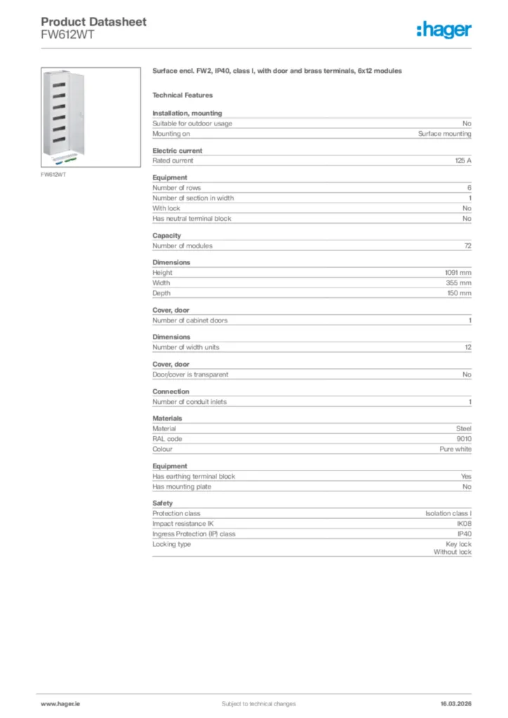 Image Hager Product data sheet FW612WT  | Hager