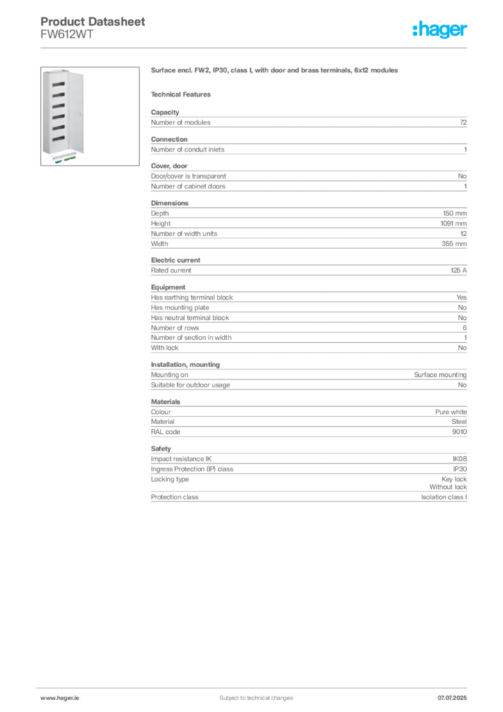 Image Hager Product data sheet FW612WT  | Hager