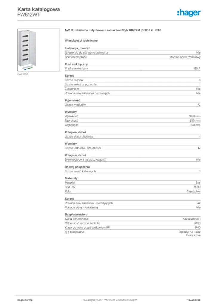 Zdjęcie Hager Karta katalogowa FW612WT | Hager Polska
