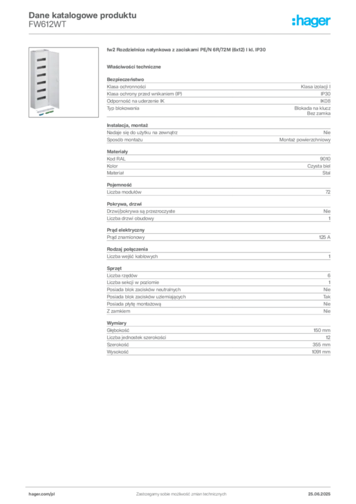 Zdjęcie Hager Dane katalogowe produktu FW612WT | Hager Polska