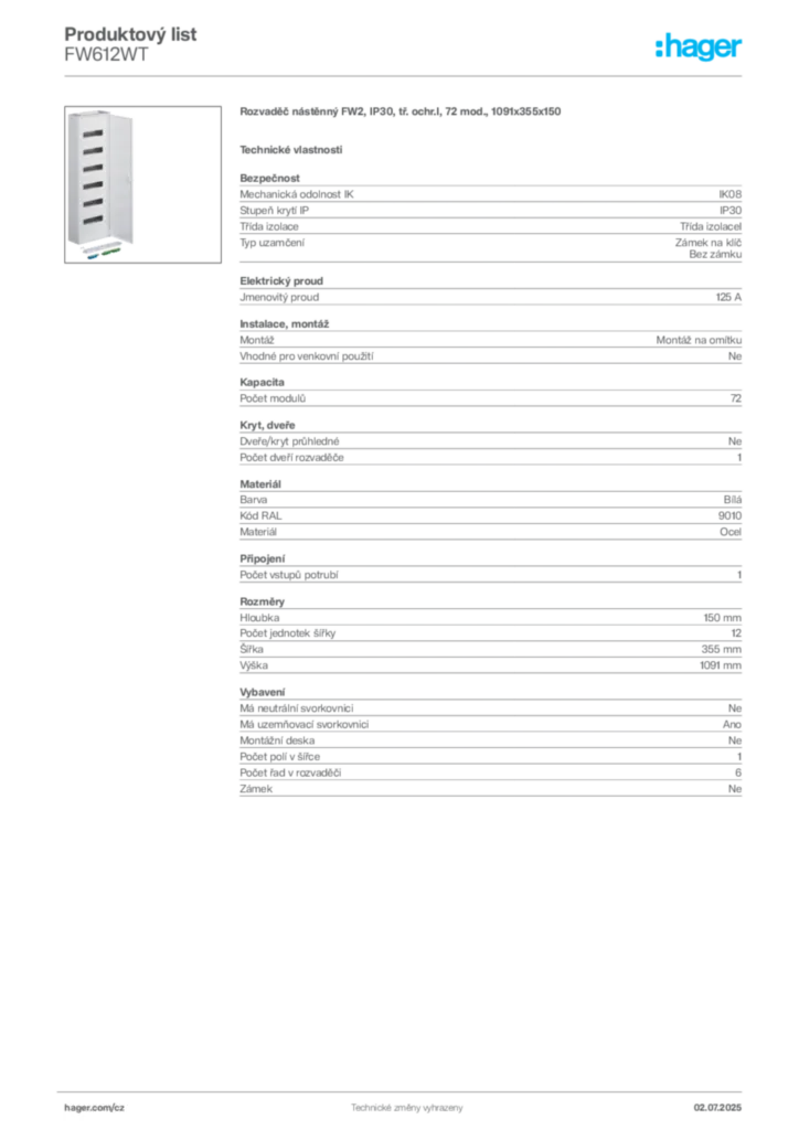 Obrázek Hager Produktový list FW612WT | Hager