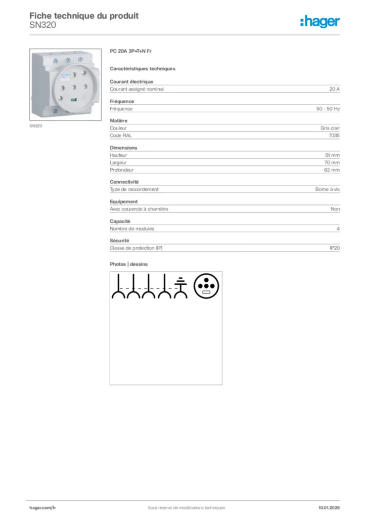 Image Hager Fiche technique du produit SN320 | Hager France