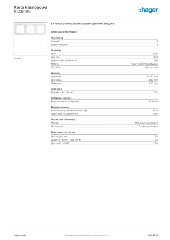 Zdjęcie Hager Karta katalogowa 10239919 | Hager Polska