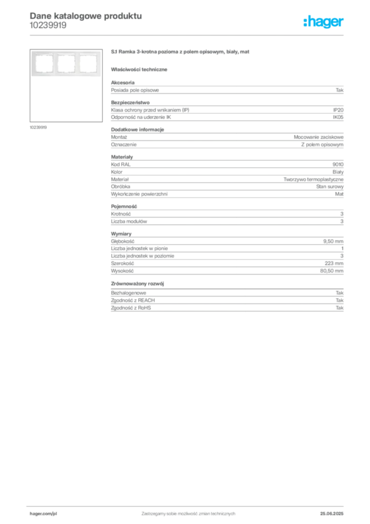 Zdjęcie Hager Dane katalogowe produktu 10239919 | Hager Polska