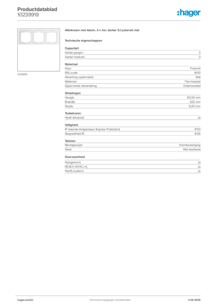 Afbeelding Hager Productdatablad 10239919 | Hager Nederland