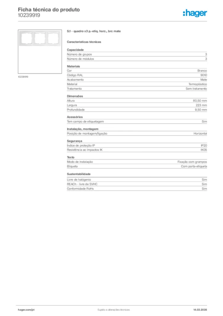 Imagem Hager Ficha técnica do produto 10239919 | Hager Portugal