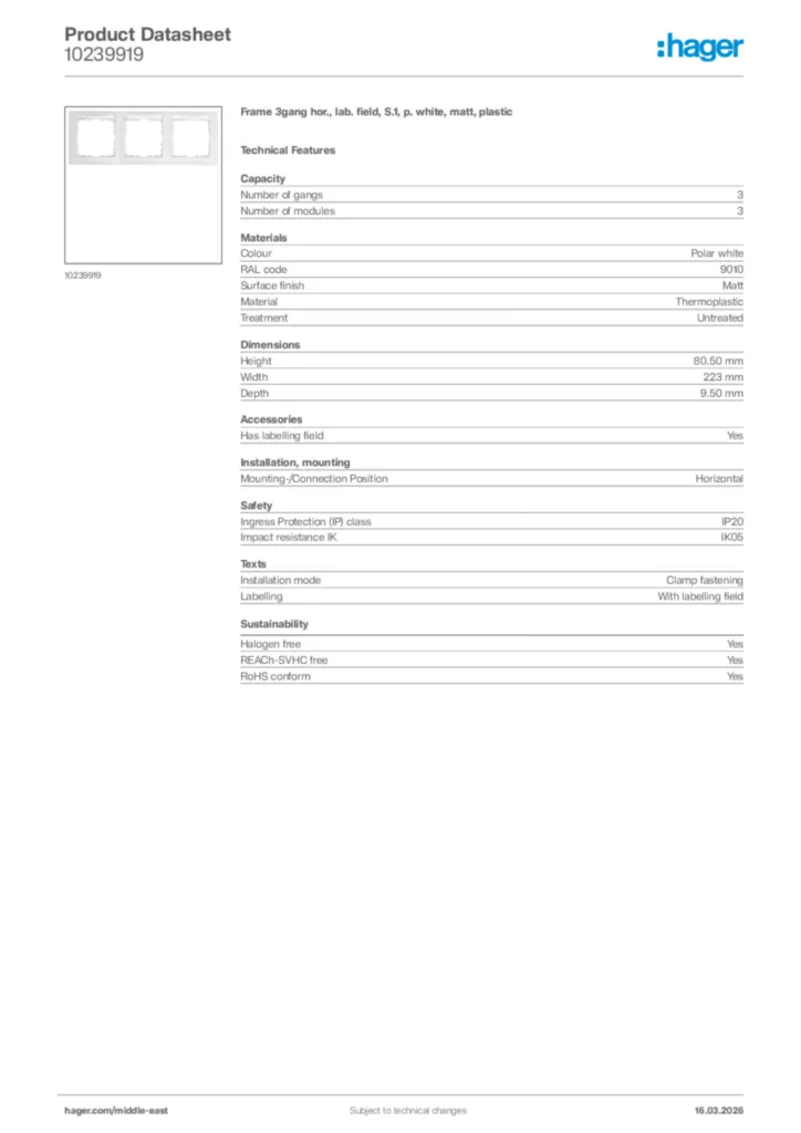 Image Hager Product data sheet 10239919  | Hager