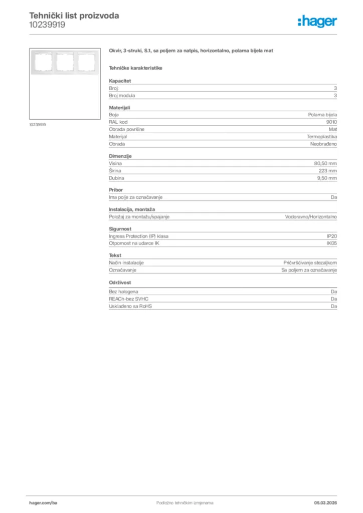 Slika Hager Tehnički list proizvoda 10239919  | Hager
