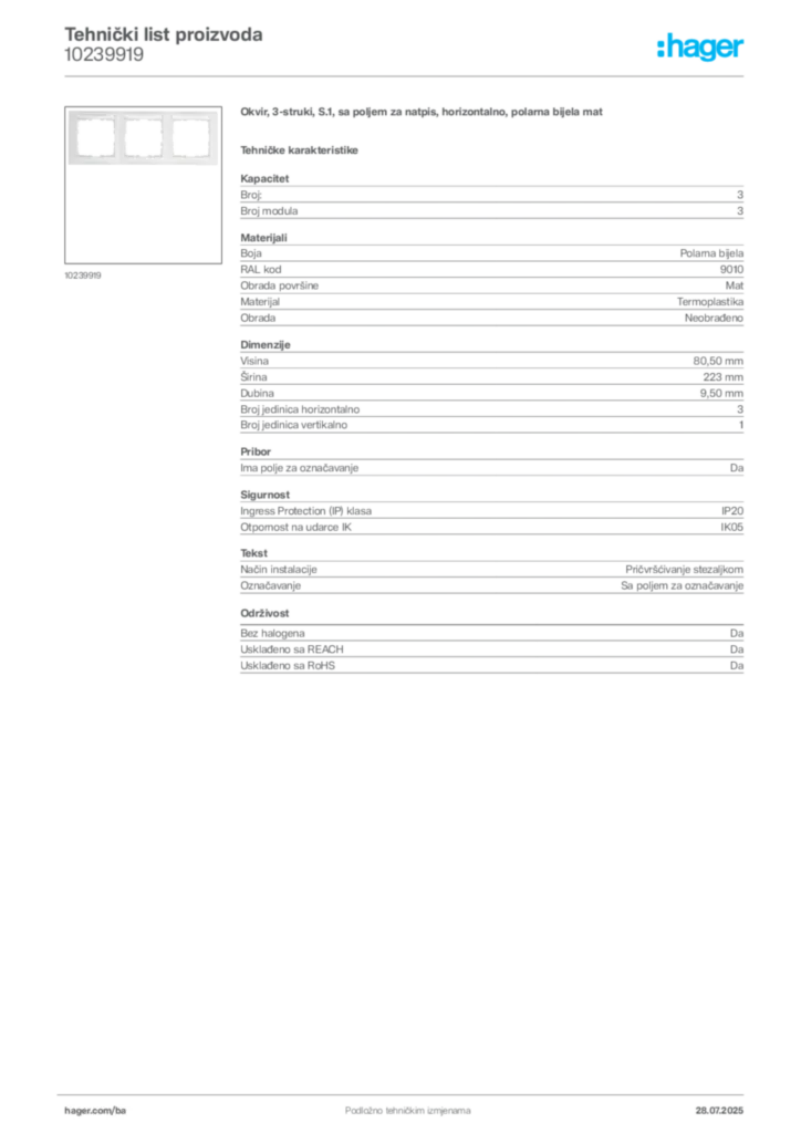 Slika Hager Product data sheet 10239919  | Hager