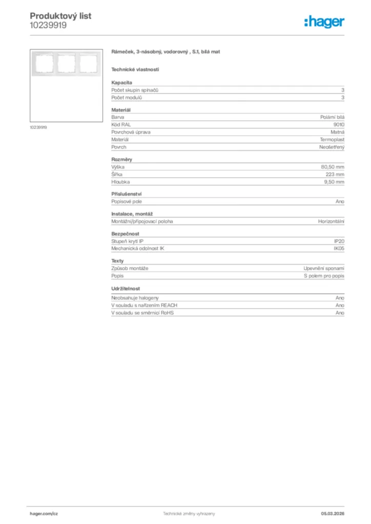 Obrázek Hager Product data sheet 10239919 | Hager
