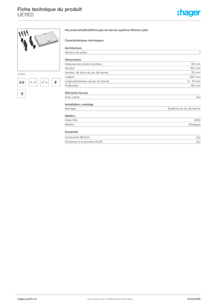 Image Hager Fiche technique du produit UE11E0 | Hager Suisse