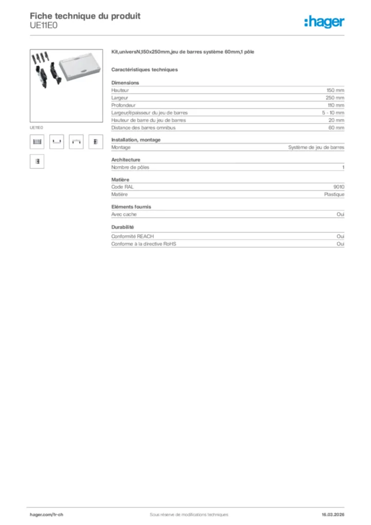 Image Hager Fiche technique du produit UE11E0 | Hager Suisse