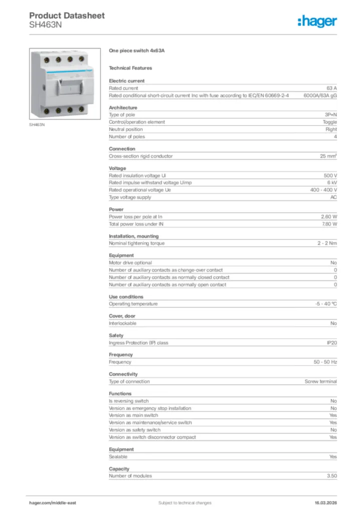 Image Hager Product data sheet SH463N  | Hager