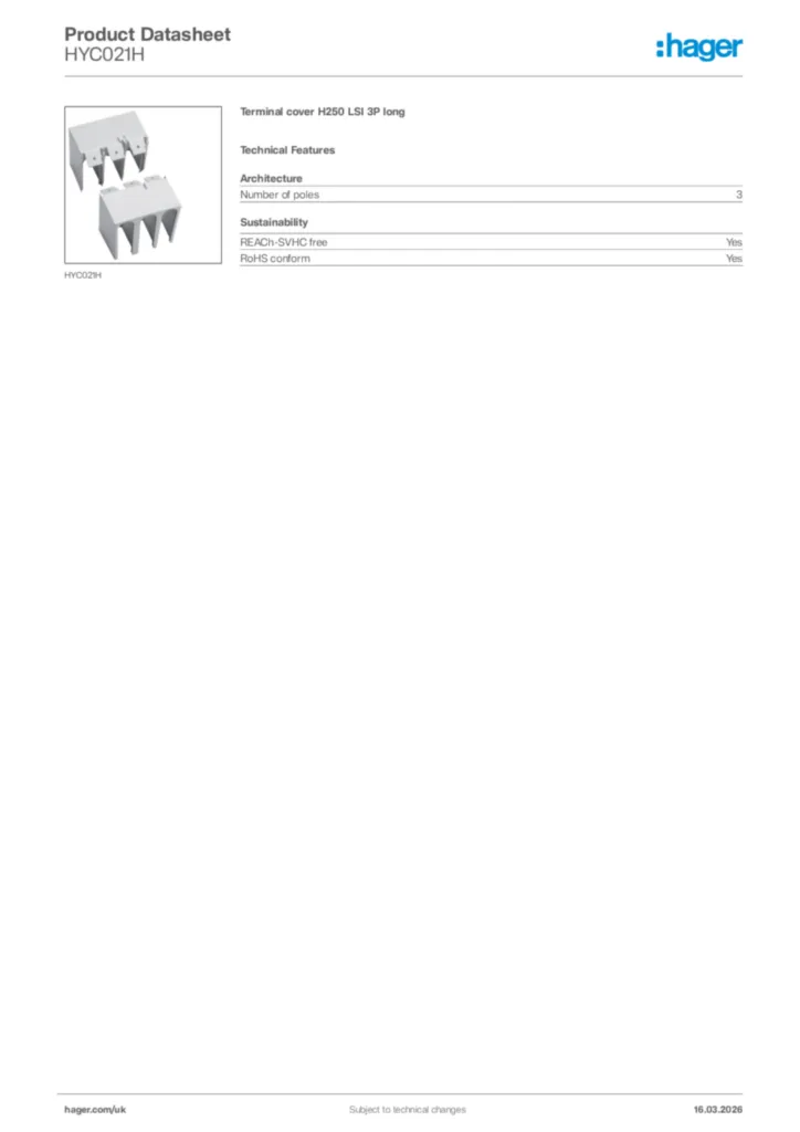 Image Hager Product data sheet HYC021H  | Hager