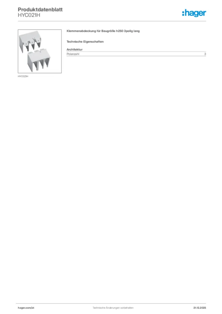 Bild Hager Produktdatenblatt HYC021H | Hager Deutschland