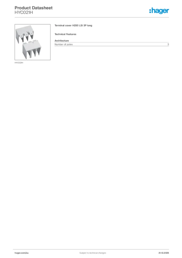 Image Hager Product data sheet HYC021H  | Hager Australia