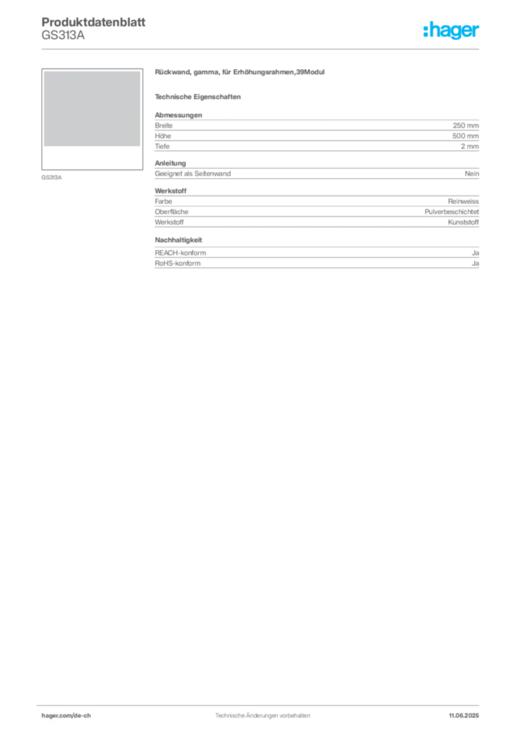Bild Hager Produktdatenblatt GS313A | Hager Schweiz