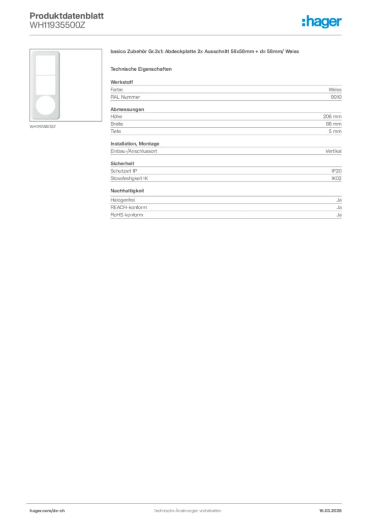 Bild Hager Produktdatenblatt WH11935500Z | Hager Schweiz