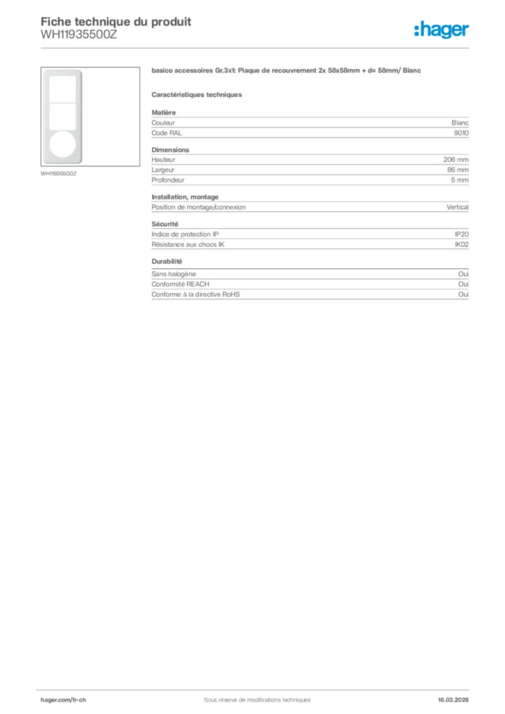 Image Hager Fiche technique du produit WH11935500Z | Hager Suisse
