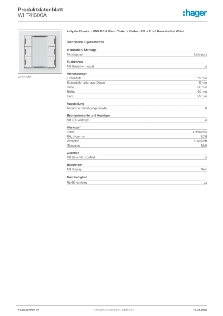 Bild Hager Produktdatenblatt WHT41600A | Hager Schweiz