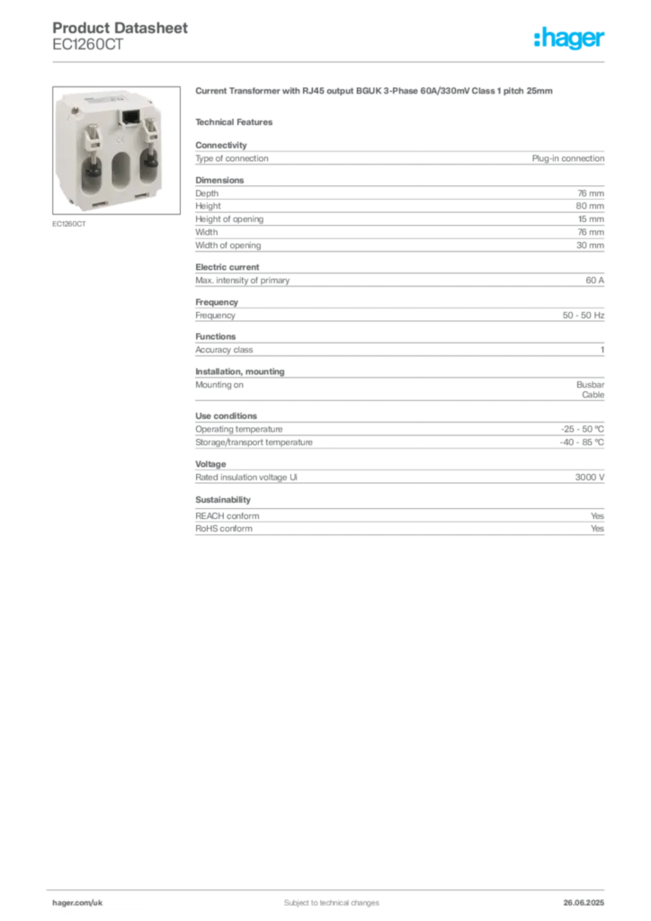 Image Hager Product data sheet EC1260CT  | Hager