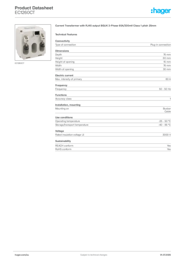 Image Hager Product data sheet EC1260CT  | Hager Australia