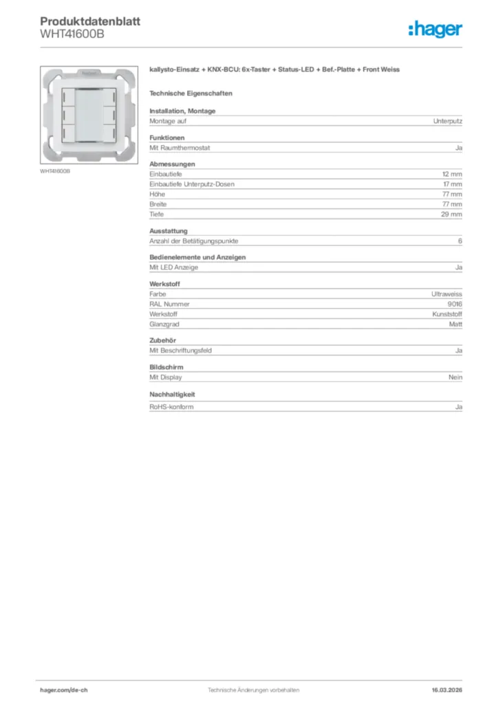 Bild Hager Produktdatenblatt WHT41600B | Hager Schweiz