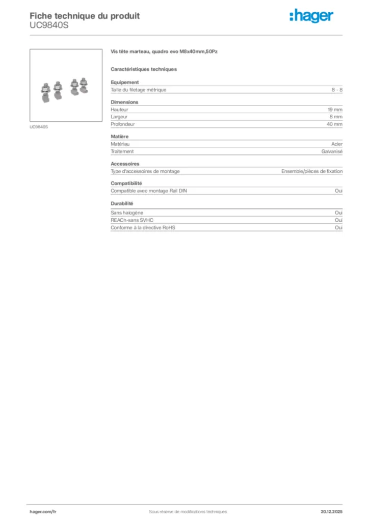 Image Hager Fiche technique du produit UC9840S | Hager France
