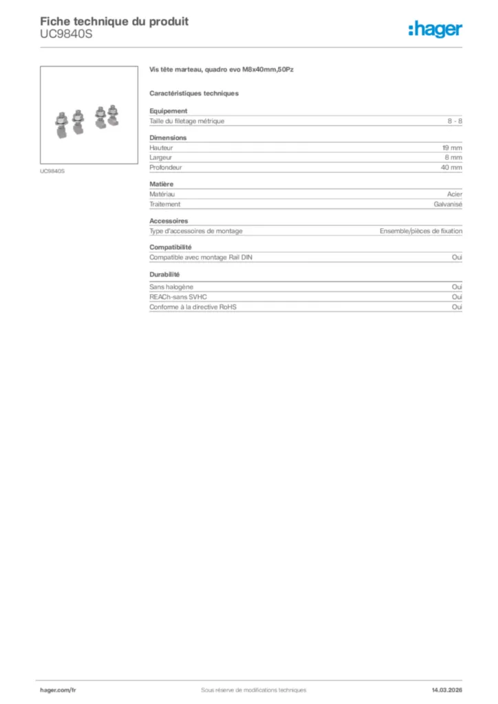 Image Hager Fiche technique du produit UC9840S | Hager France