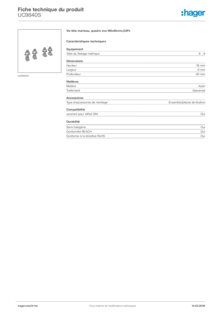 Image Hager Fiche technique du produit UC9840S | Hager Belgique