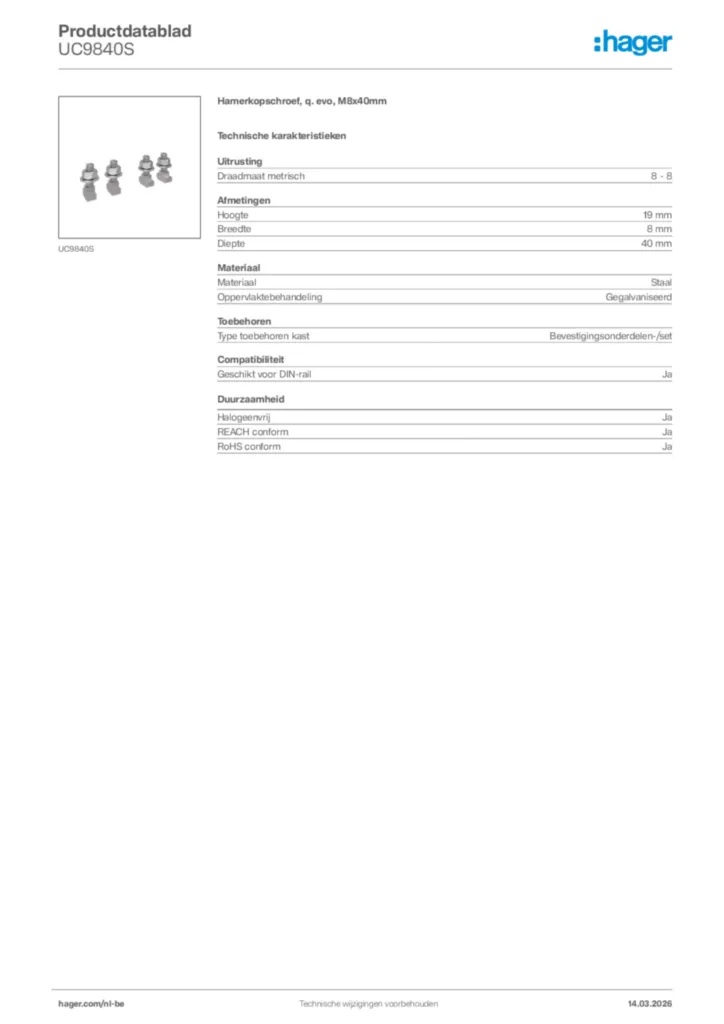Afbeelding Hager Productdatablad UC9840S | Hager Belgium