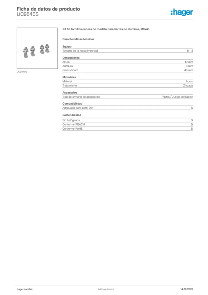 Imagen Hager Ficha de datos de producto UC9840S | Hager España
